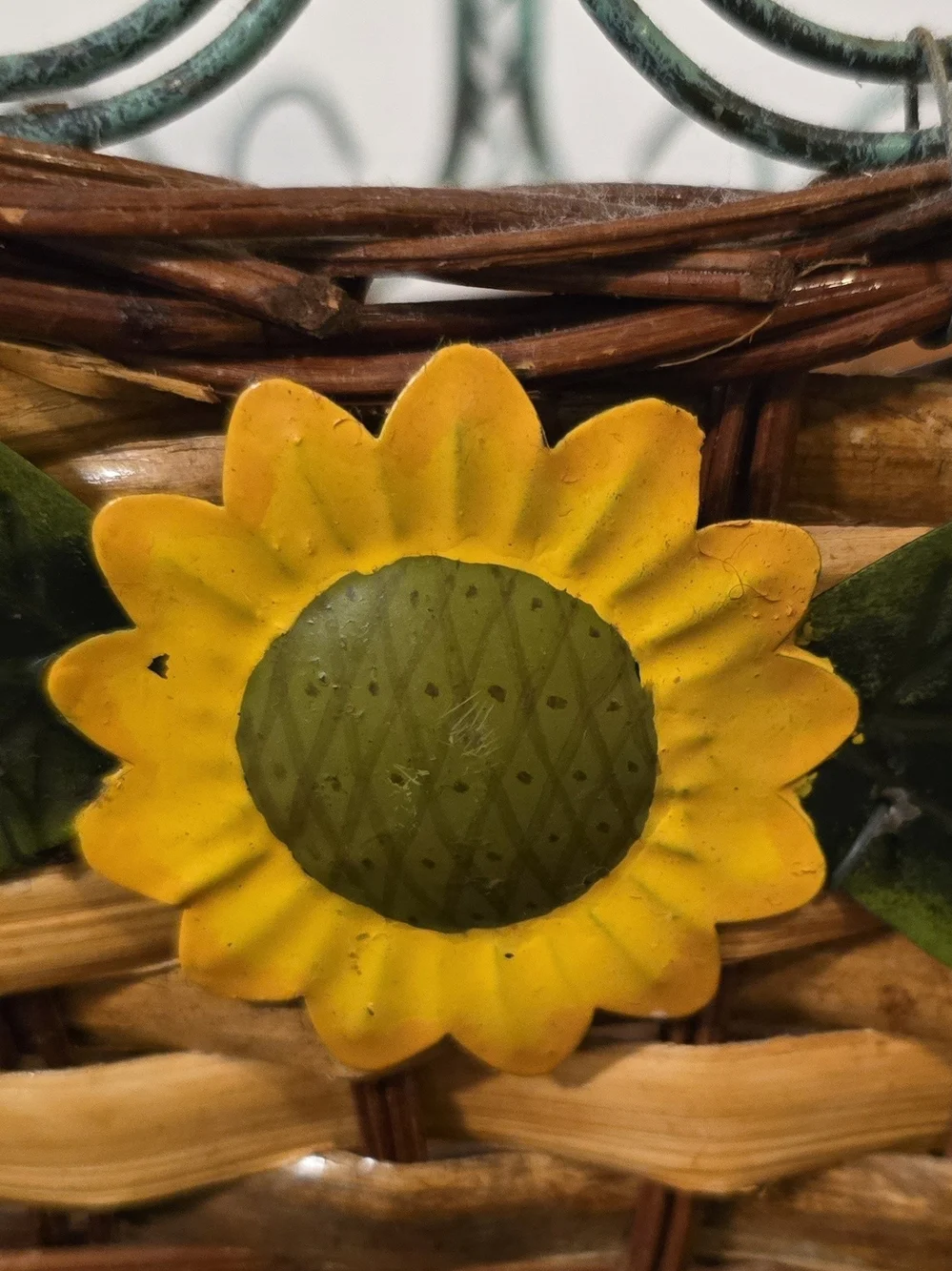 Vintage Farmhouse Wicker Basket with Green Metal Handle & Sunflower Accents